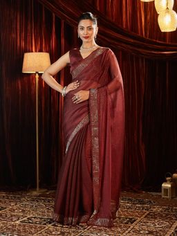 Kasee - Maroon Women Art Silk Beads And Stone Embroidered Saree with Unstitched Blouse