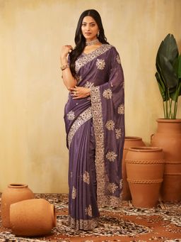 Kasee - Lavender Women Pure Chiffon Floral Embroidered Saree with Unstitched Blouse