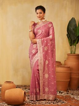 Kasee - Pink Women Pure Chiffon Embroidered Saree with Unstitched Blouse