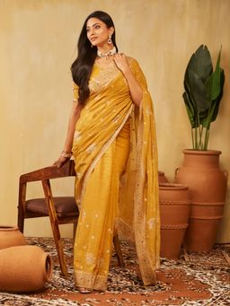 Kasee - Mustard Women Pure Chiffon Embroidered Saree with Unstitched Blouse