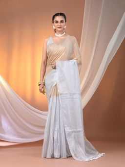 CHARUKRITI - Golden & White Tissue Soft Pompom Saree with Unstitched Blouse