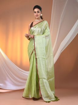 CHARUKRITI - Light Green Tissue Soft Pompom Saree with Unstitched Blouse