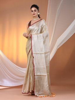CHARUKRITI - Beige Tissue Soft Pompom Saree with Unstitched Blouse