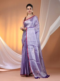 CHARUKRITI - Violet Tissue Soft Pompom Saree with Unstitched Blouse