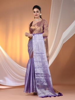 CHARUKRITI - Golden And Violet Tissue Soft Pompom Saree with Unstitched Blouse