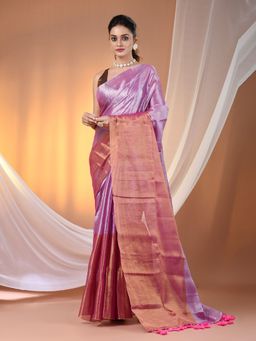 CHARUKRITI - Pink Tissue Soft Pompom Saree with Unstitched Blouse