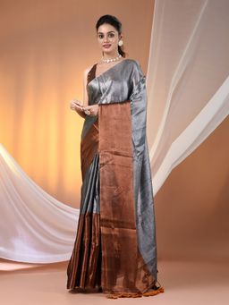 CHARUKRITI - Grey And Copper Tissue Soft Pompom Saree with Unstitched Blouse