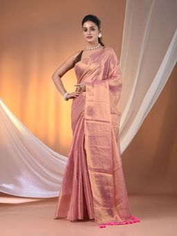 CHARUKRITI - Light Pink Tissue Soft Pompom Saree with Unstitched Blouse