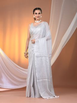 CHARUKRITI - White Tissue Soft Pompom Saree with Unstitched Blouse
