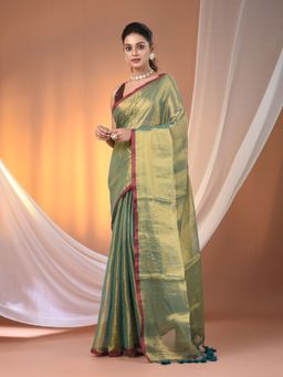 CHARUKRITI - Teal Tissue Soft Pompom Saree with Unstitched Blouse