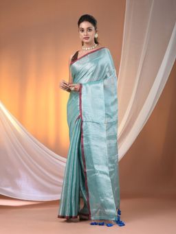 CHARUKRITI - Aqua Blue Tissue Soft Pompom Saree with Unstitched Blouse