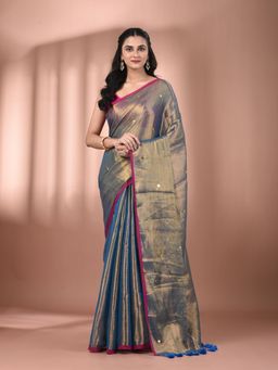CHARUKRITI - Blue Tissue Soft Sequined Work Saree with Unstitched Blouse