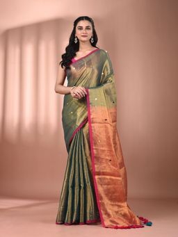 CHARUKRITI - Green Tissue Soft Sequined Work Saree with Unstitched Blouse