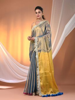 CHARUKRITI - Blue & Yellow Shimmer Tissue Gota Patti Saree with Unstitched Blouse