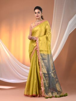 CHARUKRITI - Lemon Yellow And Blue Shimmer Tissue Gota Patti Border Saree with Unstitched Blouse
