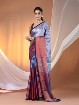 CHARUKRITI - Blue And Copper Tissue Soft Pompom Saree with Unstitched Blouse