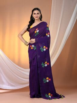 CHARUKRITI - Thread Embroidery Purple Cotton Hand Spun Purple Saree with Unstitched Blouse