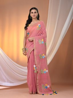 CHARUKRITI - Thread Embroidery Salmon Pink Cotton Hand Spun Pink Saree with Unstitched Blouse
