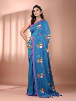 CHARUKRITI - Thread Embroidery Sapphire Blue Cotton Hand Spun Blue Saree with Unstitched Blouse