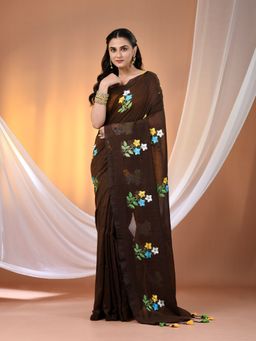 CHARUKRITI - Thread Embroidery Chocolate Brown Cotton Hand Spun Brown Saree with Unstitched Blouse