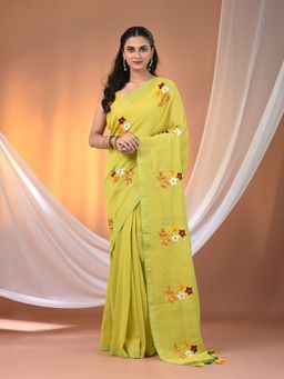 CHARUKRITI - Thread Embroidery Lime Green Cotton Hand Spun Green Saree with Unstitched Blouse