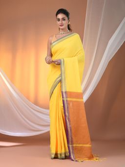 CHARUKRITI - Yellow Cotton Hand Spun Soft Texture Border Saree with Unstitched Blouse