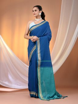 CHARUKRITI - Sapphire Blue Cotton Hand Spun Soft Texture Border Saree with Unstitched Blouse