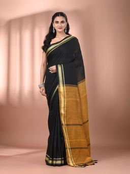 CHARUKRITI - Black Cotton Hand Spun Soft Texture Border Saree with Unstitched Blouse