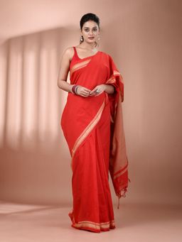 CHARUKRITI - Red Cotton Hand Spun Soft Texture Border Saree with Unstitched Blouse