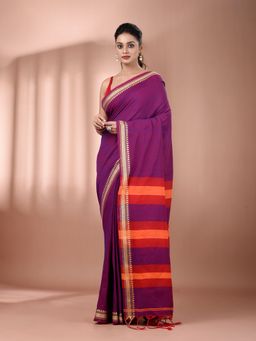 CHARUKRITI - Purple Cotton Hand Spun Soft Texture Border Saree with Unstitched Blouse