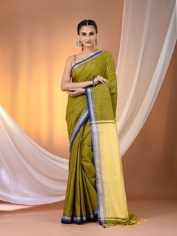 CHARUKRITI - Sap Green Cotton Hand Spun Soft Texture Border Saree with Unstitched Blouse