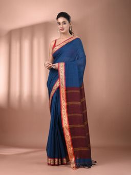 CHARUKRITI - Sapphire Blue Mulmul Cotton Soft Texture Borders Saree without Blouse