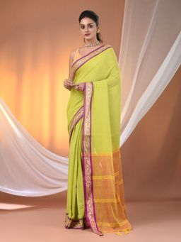 CHARUKRITI - Lime Green Mulmul Cotton Soft Texture Borders Saree without Blouse