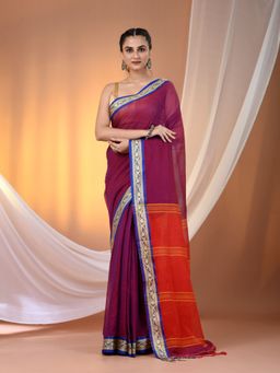 CHARUKRITI - Purple Mulmul Cotton Soft Texture Borders Saree without Blouse