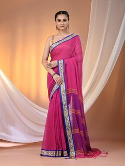 CHARUKRITI - Pink Mulmul Cotton Soft Texture Borders Saree without Blouse