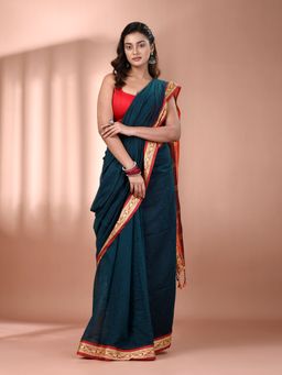 CHARUKRITI - Teal Mulmul Cotton Soft Texture Borders Saree without Blouse