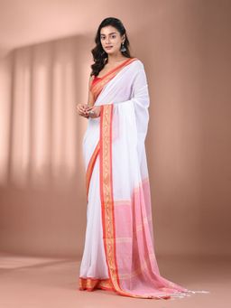 CHARUKRITI - White Mulmul Cotton Soft Texture Borders Saree without Blouse