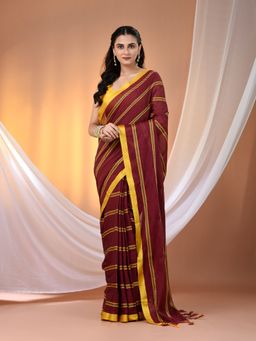 CHARUKRITI - Maroon Cotton Hand Spun Soft Ziczac Pattern Saree with Unstitched Blouse