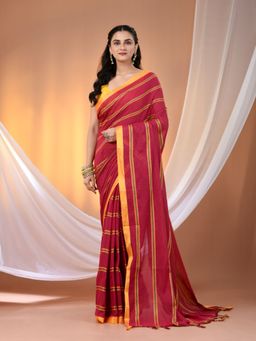 CHARUKRITI - Pink Cotton Hand Spun Soft Ziczac Pattern Saree with Unstitched Blouse