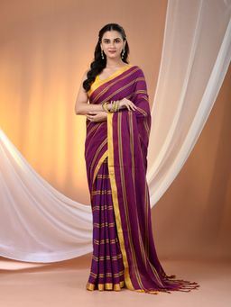 CHARUKRITI - Purple Cotton Hand Spun Soft Ziczac Pattern Saree with Unstitched Blouse