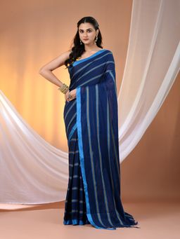 CHARUKRITI - Midnight Blue Cotton Hand Spun Soft Ziczac Pattern Saree with Unstitched Blouse