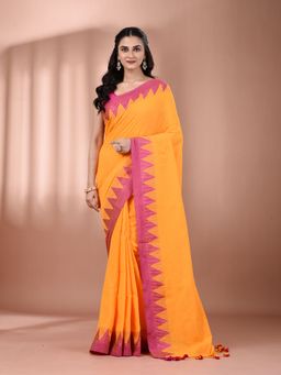 CHARUKRITI - Yellow Cotton Hand Spun Soft Temple Border Saree with Unstitched Blouse