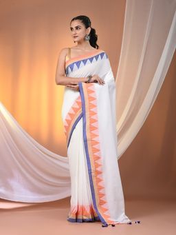 CHARUKRITI - White Cotton Hand Spun Soft Temple Border Saree with Unstitched Blouse