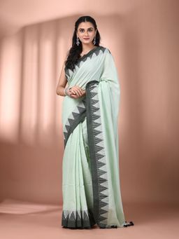 CHARUKRITI - Tea Green Cotton Hand Spun Soft Temple Border Saree with Unstitched Blouse