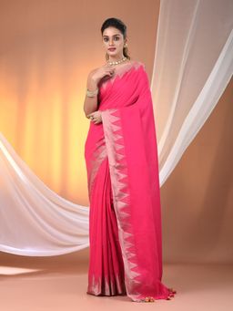 CHARUKRITI - Pink Cotton Hand Spun Soft Temple Border Saree with Unstitched Blouse