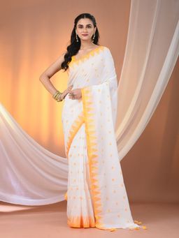 CHARUKRITI - White Cotton Hand Spun Soft Temple Border Saree with Unstitched Blouse