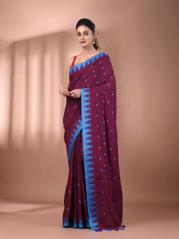 CHARUKRITI - Magenta Cotton Hand Spun Soft Temple Border Saree with Unstitched Blouse