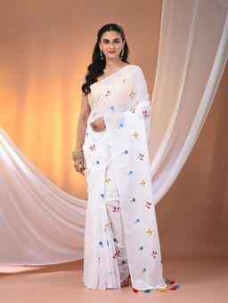 CHARUKRITI - All Over Thread Embroidery White Cotton Hand Spun Saree with Unstitched Blouse