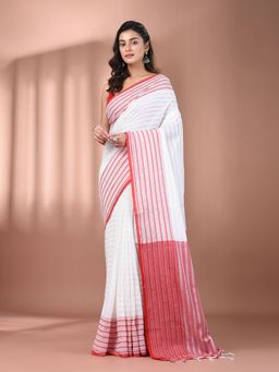 CHARUKRITI - White Cotton Hand Spun Soft Texture Border Saree with Unstitched Blouse