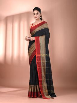 CHARUKRITI - Black Cotton Hand Spun Soft Texture Border Saree with Unstitched Blouse
